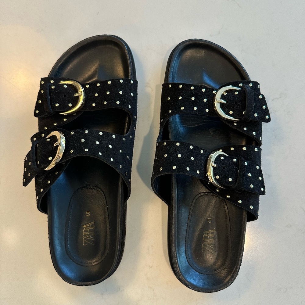 Zara, Studded Black Leather Sandals, Size 9, like new